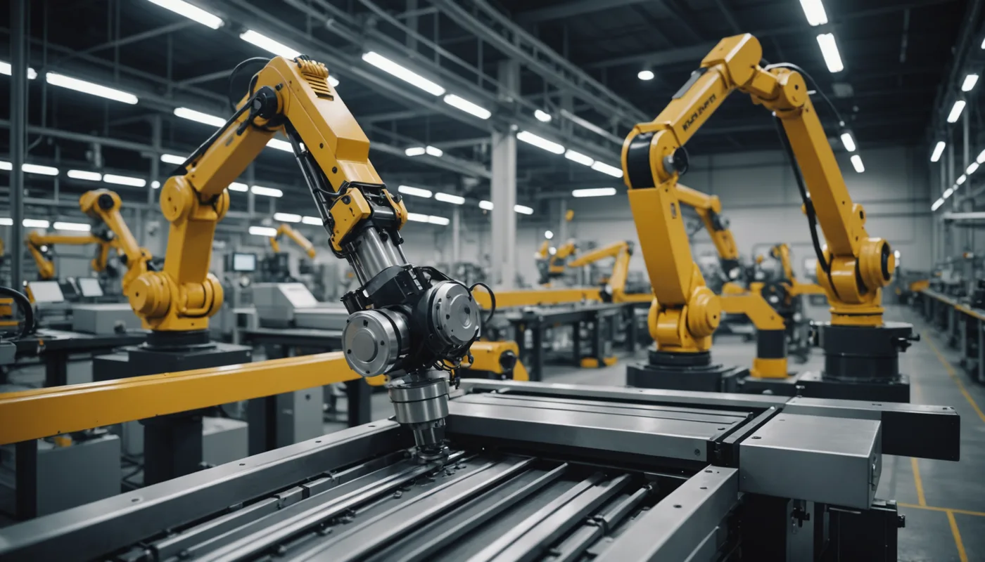 Industrial robot arm above a factory assembly line with varied parts on a conveyor belt