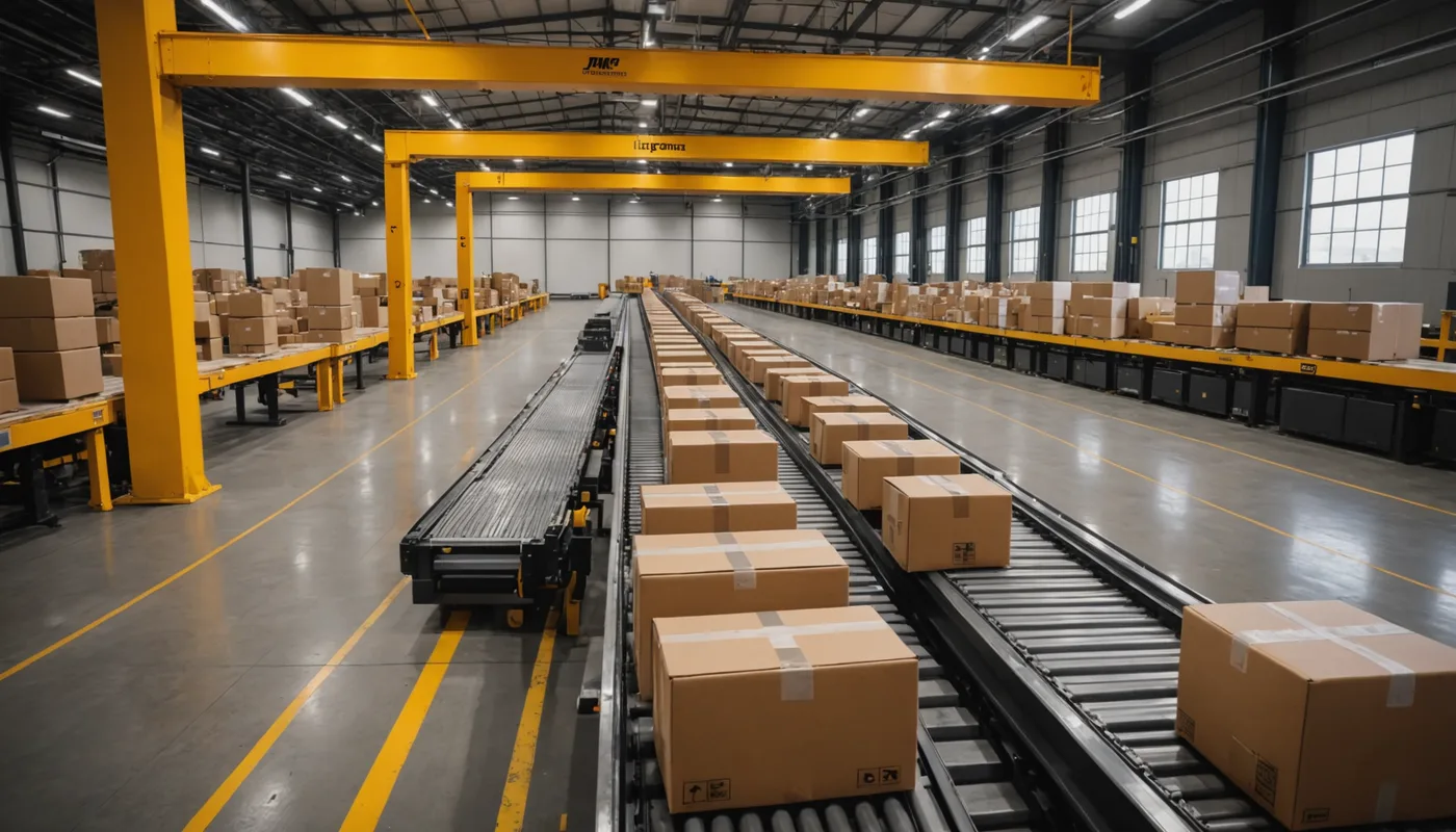 Warehouse robot arm sorting mixed packages on a conveyor system